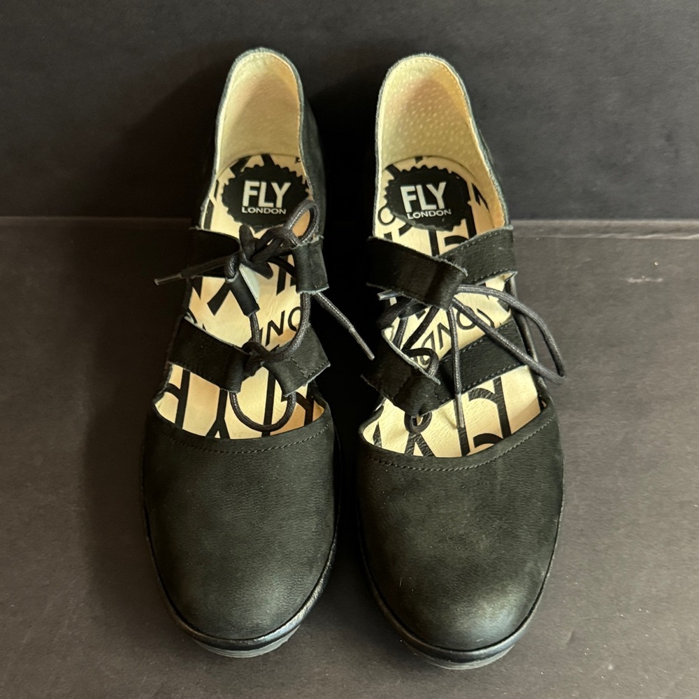 Fly London Poma black suede lace up neutral chic wedge.Size 39